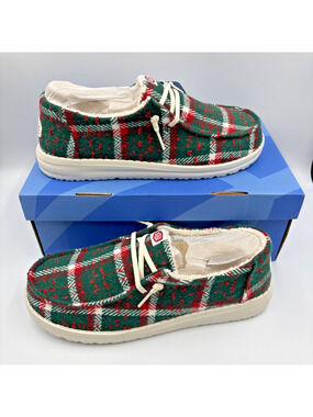 Hey Dude Wendy Confetti Plaid Cozy Shoes Womens Sz 10 Red/Green Slip On Loafers